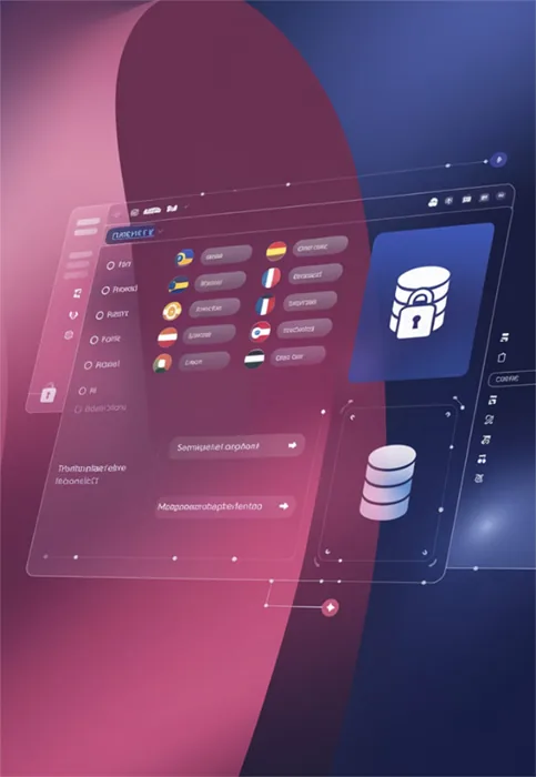 Illustration einer Software-Oberfläche vor violett-blauem Farbverlauf: Sprachauswahl mit Flaggensymbolen und ein Datenbank-Symbol mit Schloss, als Sinnbild für Sprachumschaltung und Datensicherheit