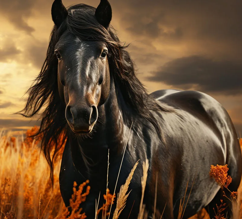 Schwarzes Pferd mit langer, wehender Mähne in Dreiviertelansicht vor goldfarben beleuchtetem Wolkenhimmel, im Vordergrund trockenes Gras mit orangefarbenen Blüten