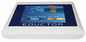 Das Gerät EDUCTOR, Schwestersystem des SCIO: flaches, helles Gehäuse mit integriertem farbigem Display, auf dem die Anzeigen EDUCTOR IS ON und CONNECTED zu lesen sind