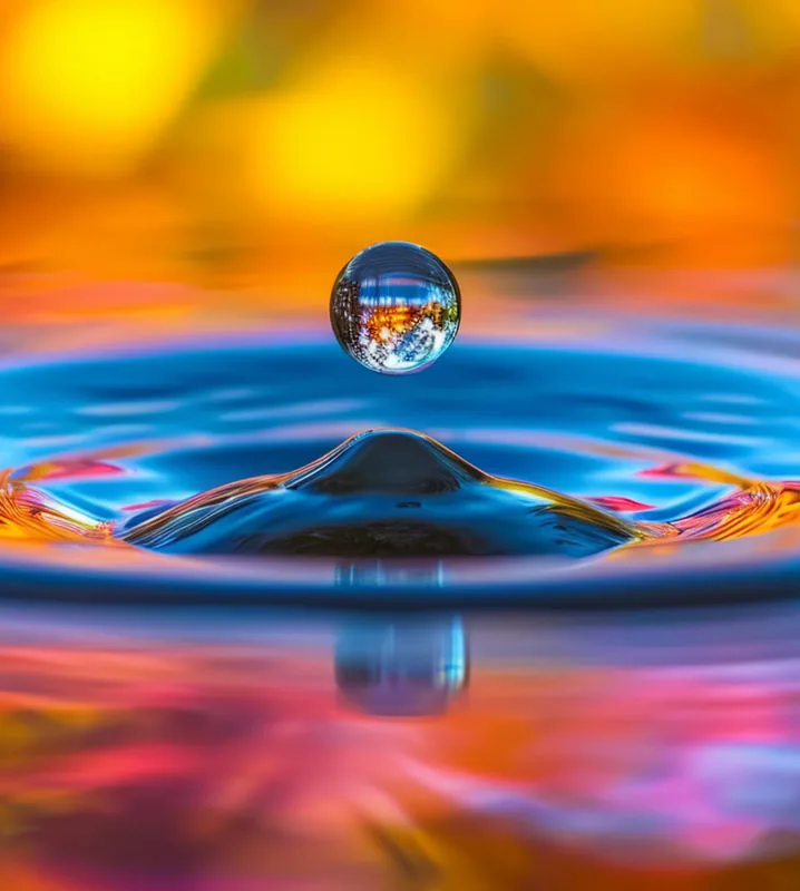 Kugelförmiger Wassertropfen, der über einer bewegten Wasseroberfläche schwebt; darunter erhebt sich das Wasser zu einer kleinen Spitze mit Wellenringen, in Blau-, Orange- und Magentatönen vor unscharfem gelb-orangem Hintergrund