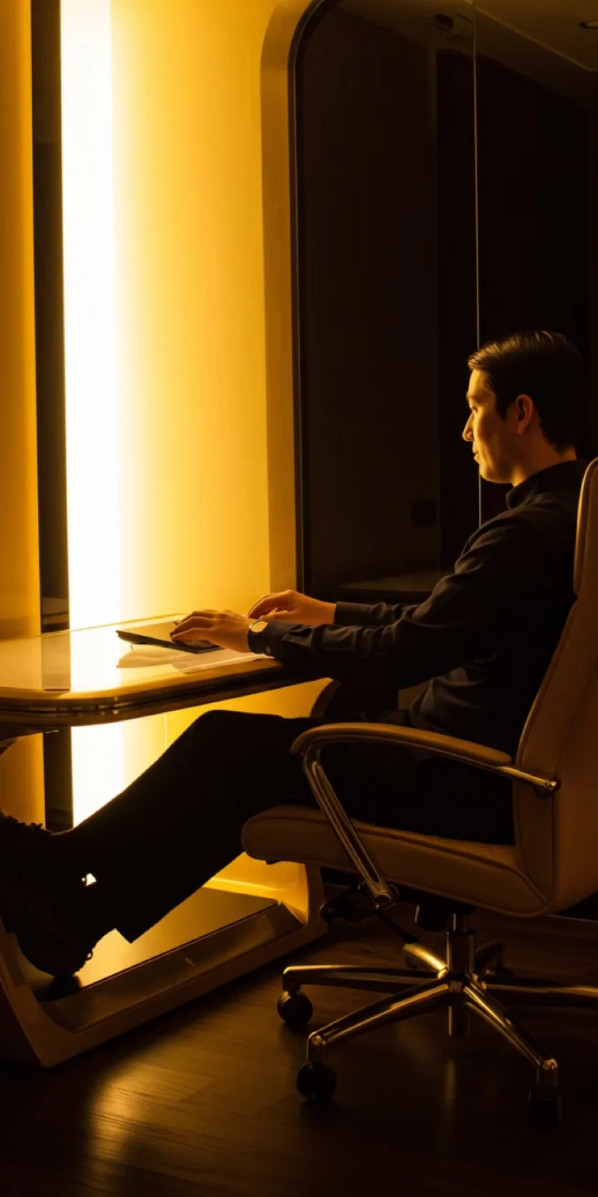 Person im Profil sitzt in warmem, goldgelbem Licht auf einem Bürostuhl an einem Schreibtisch, die Hände auf einem flachen Gerät