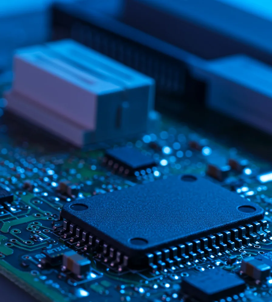 Symbolbild: Nahaufnahme einer Platine mit Mikrochip und Bauteilen in bläulichem Licht, als Sinnbild für Messelektronik