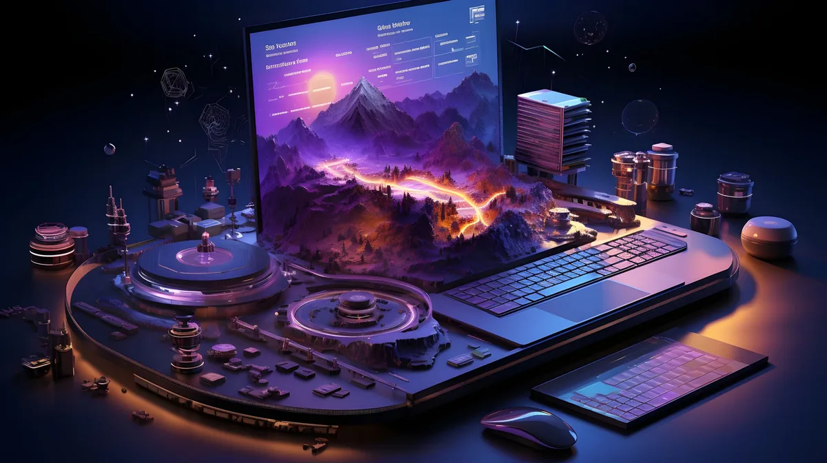 Illustration: Laptop mit leuchtender Berglandschaft auf dem Bildschirm, umgeben von Bauteilen, einer kleineren Tastatur und einer Maus vor dunklem Hintergrund, als Motiv für die Software OMNIS