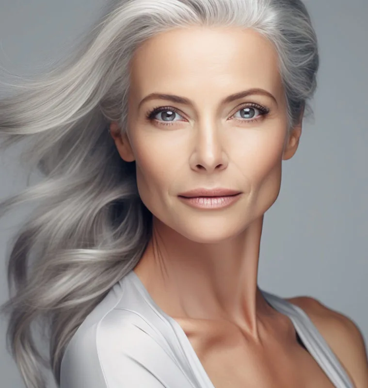 Symbolbild: Porträt einer Frau mit langen, silbergrauen Haaren und blaugrauen Augen vor grauem Hintergrund