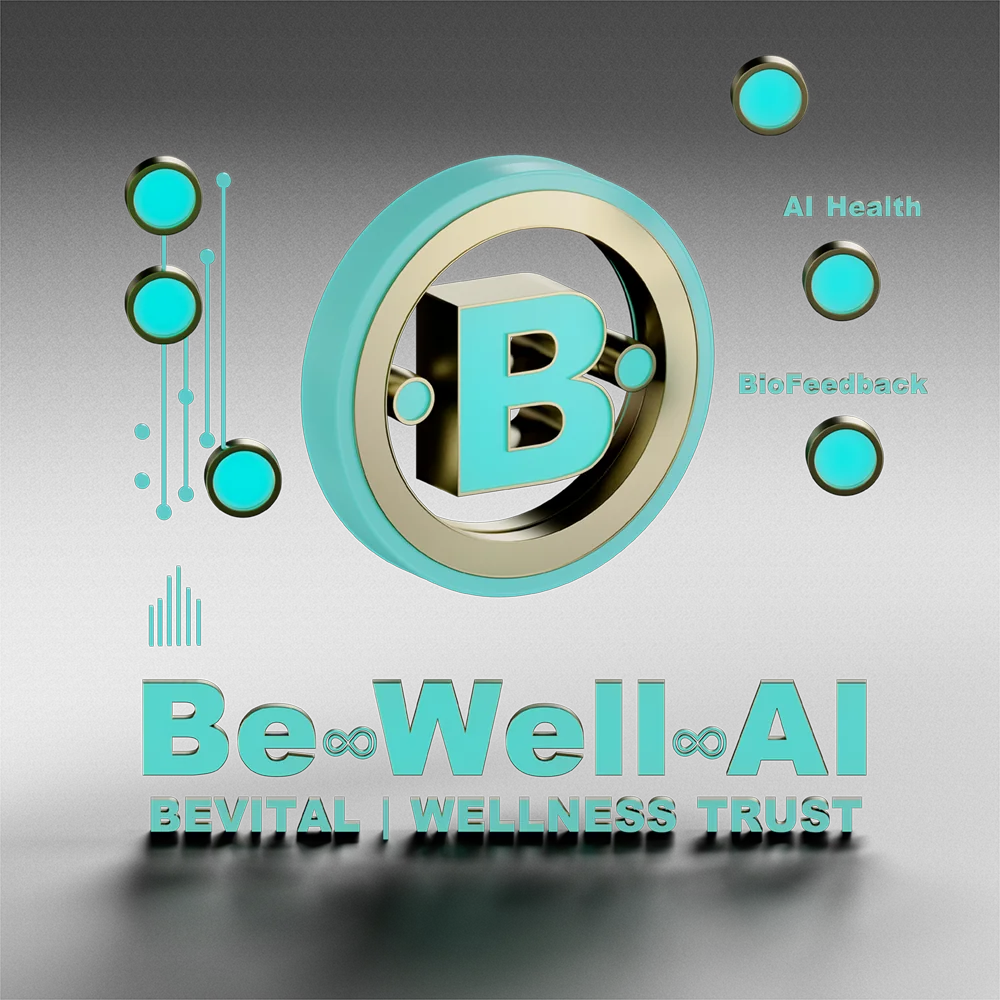 Logo Be-Well-AI: türkisfarbenes B in einem Ring aus Türkis und Gold, darunter der Schriftzug Be-Well-AI und die Zeile BeVital | Wellness Trust, daneben die Beschriftungen AI Health und BioFeedback sowie leuchtende Punkte