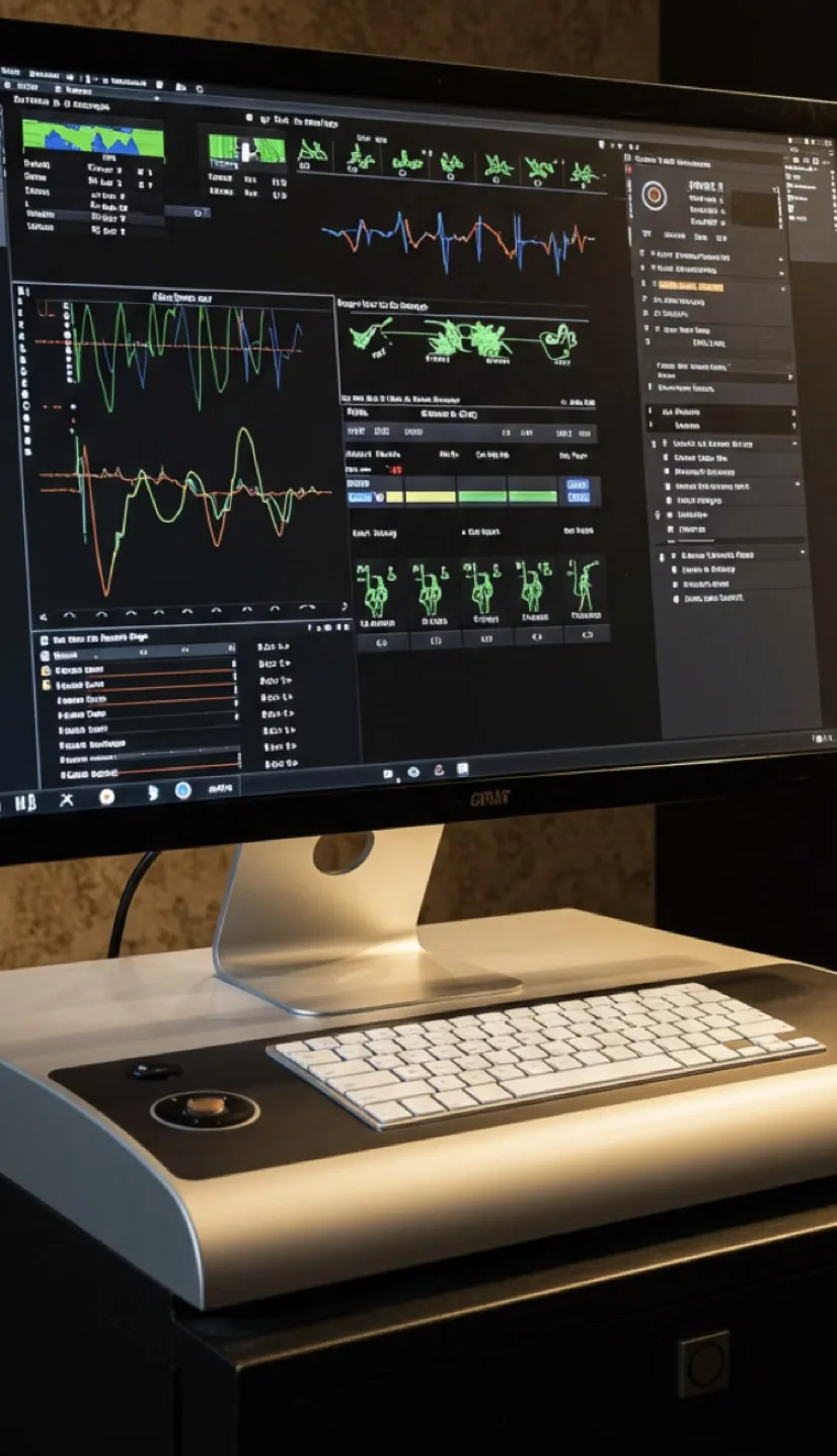 Darstellung einer Arbeitsstation: Monitor mit Kurvendarstellungen und Bedienfeldern einer Software-Oberfläche, davor ein Gerät mit Tastatur und Drehregler